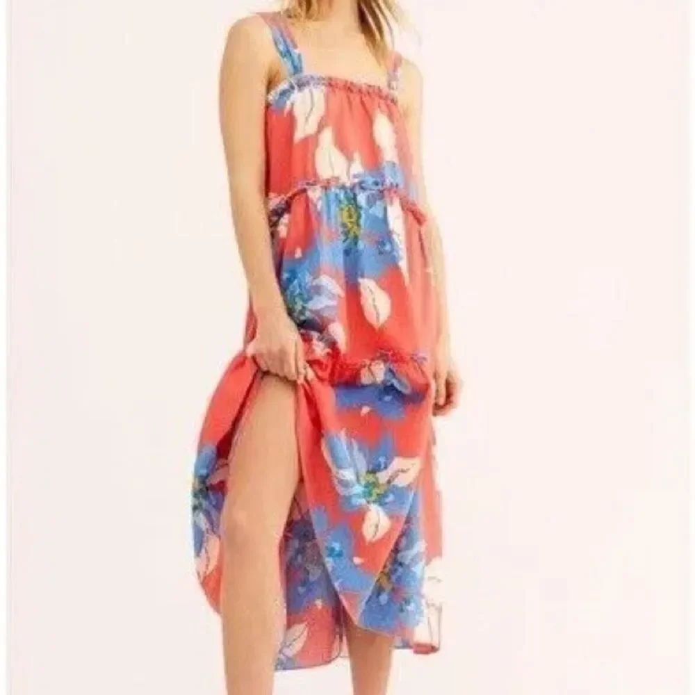 Free People Moonshine Tiered Midi Vibrant Coral Floral Sundress